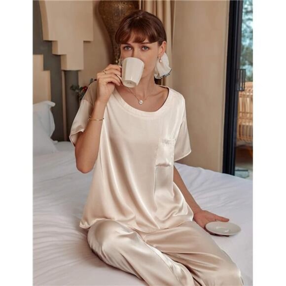 Women's Satin Silky Pajama Set - Short Sleeve Shirt & Long Pants, Soft Summer - Picture 4 of 7